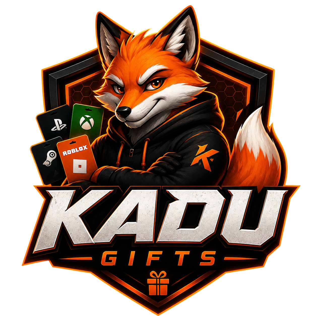 Logo Kadu Gifts com mascote raposa segurando gift cards